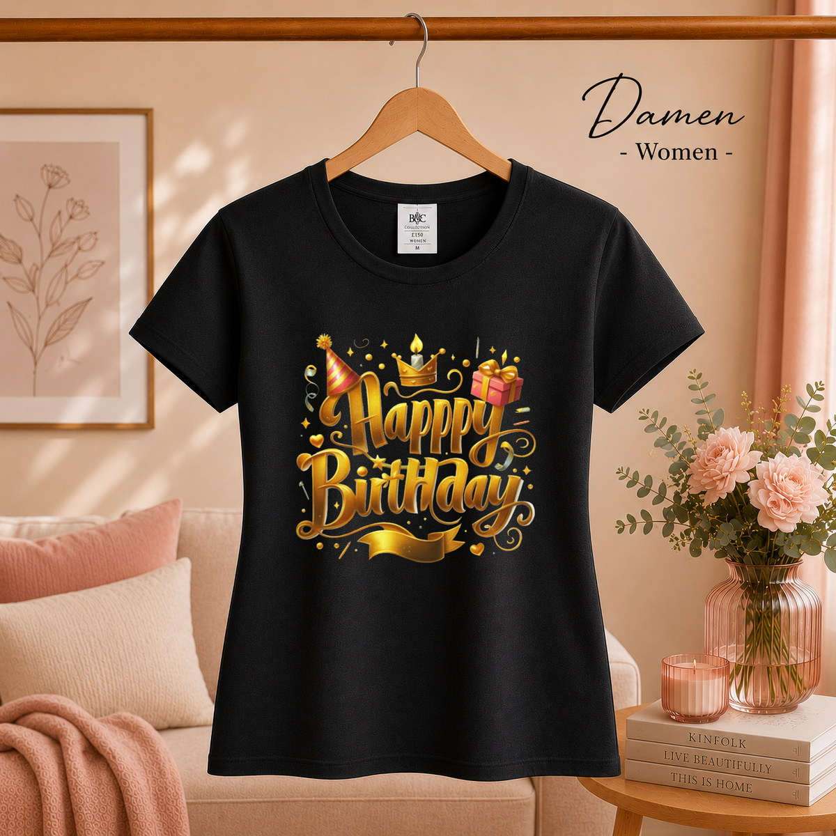 Damen Schwarz – T-Shirt mit festlichem 'Happy Birthday' Schriftzug in edlem Gold-Design