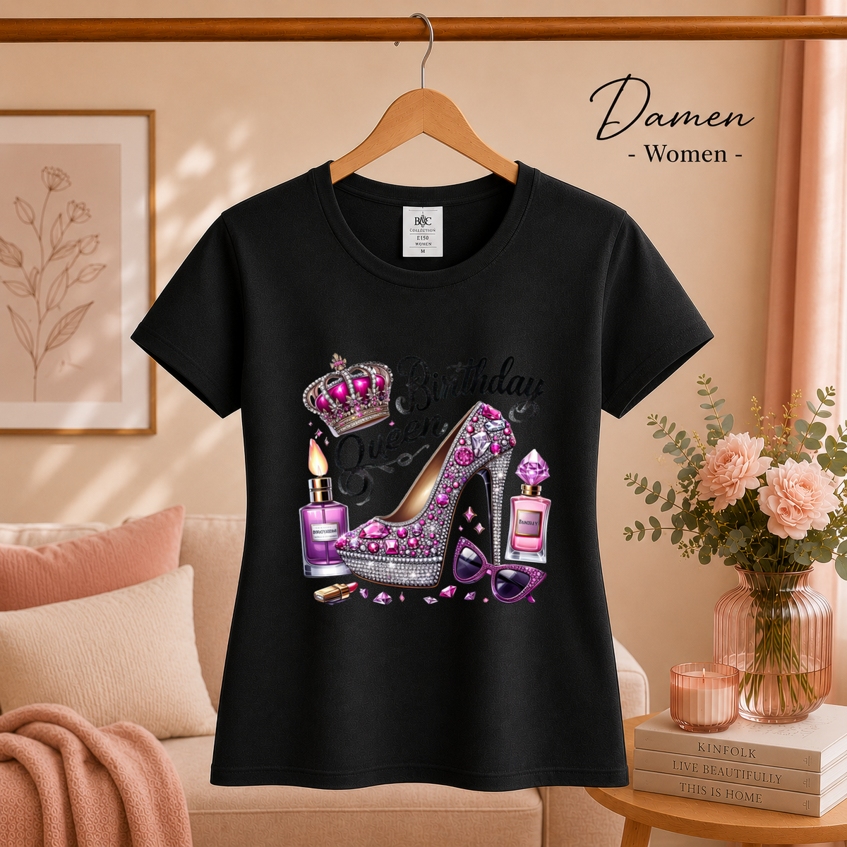 Damen Schwarz – Birthday Queen T-Shirt mit glamourösem Glitzer-High-Heel und Krone