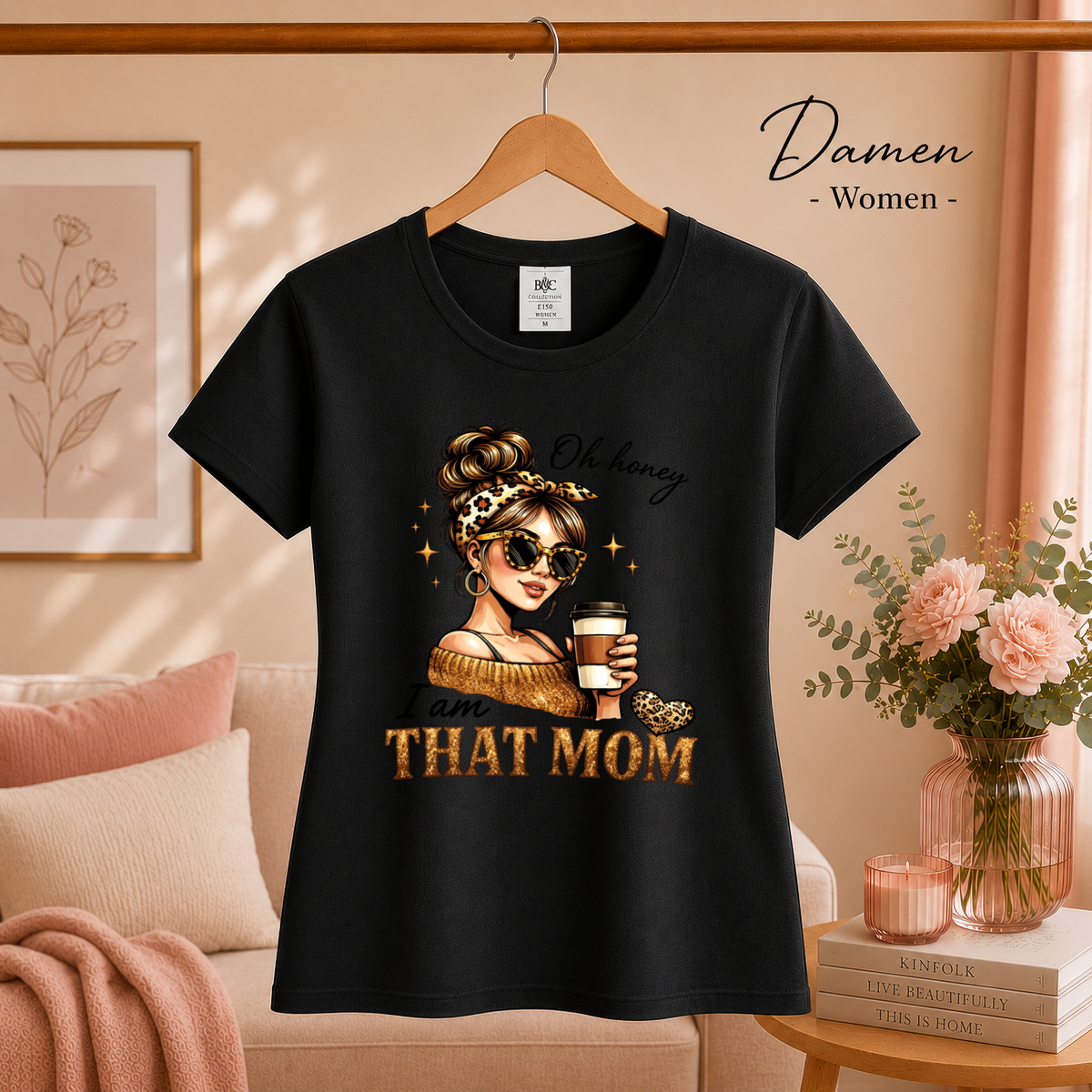 Damen Schwarz – Statement-Shirt 'I am THAT MOM' | Design mit stylischer Mama, Kaffee & Leo-Print