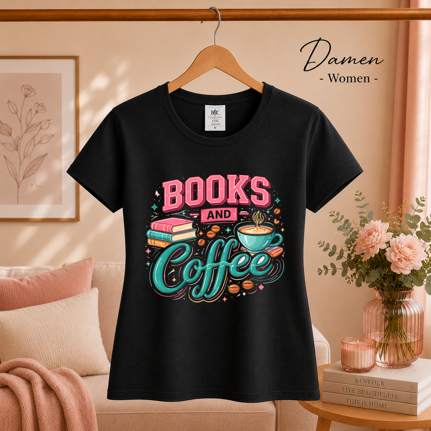 Damen Schwarz – Books and Coffee Design T-Shirt - Leseliebe & Kaffeegenuss