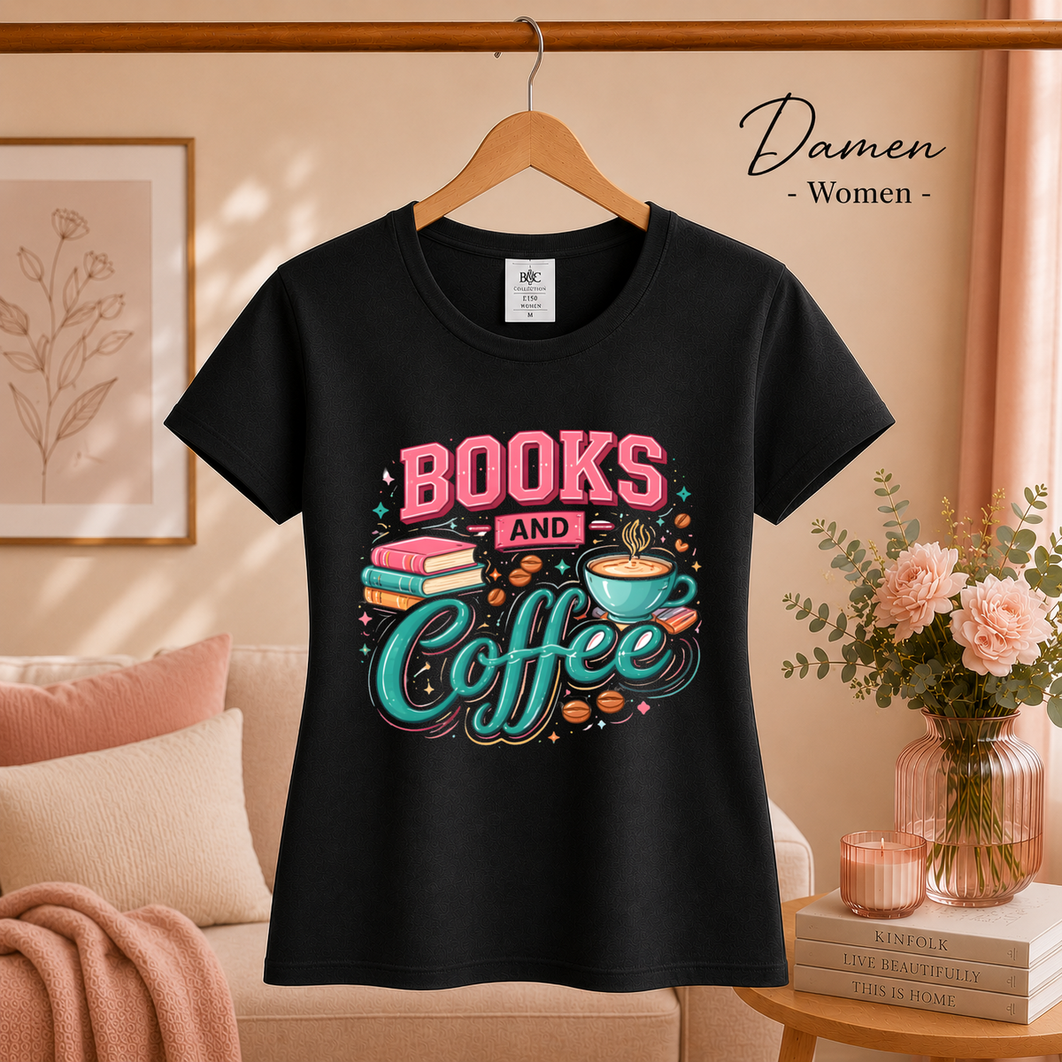 Damen Schwarz – Books and Coffee Design T-Shirt - Leseliebe & Kaffeegenuss