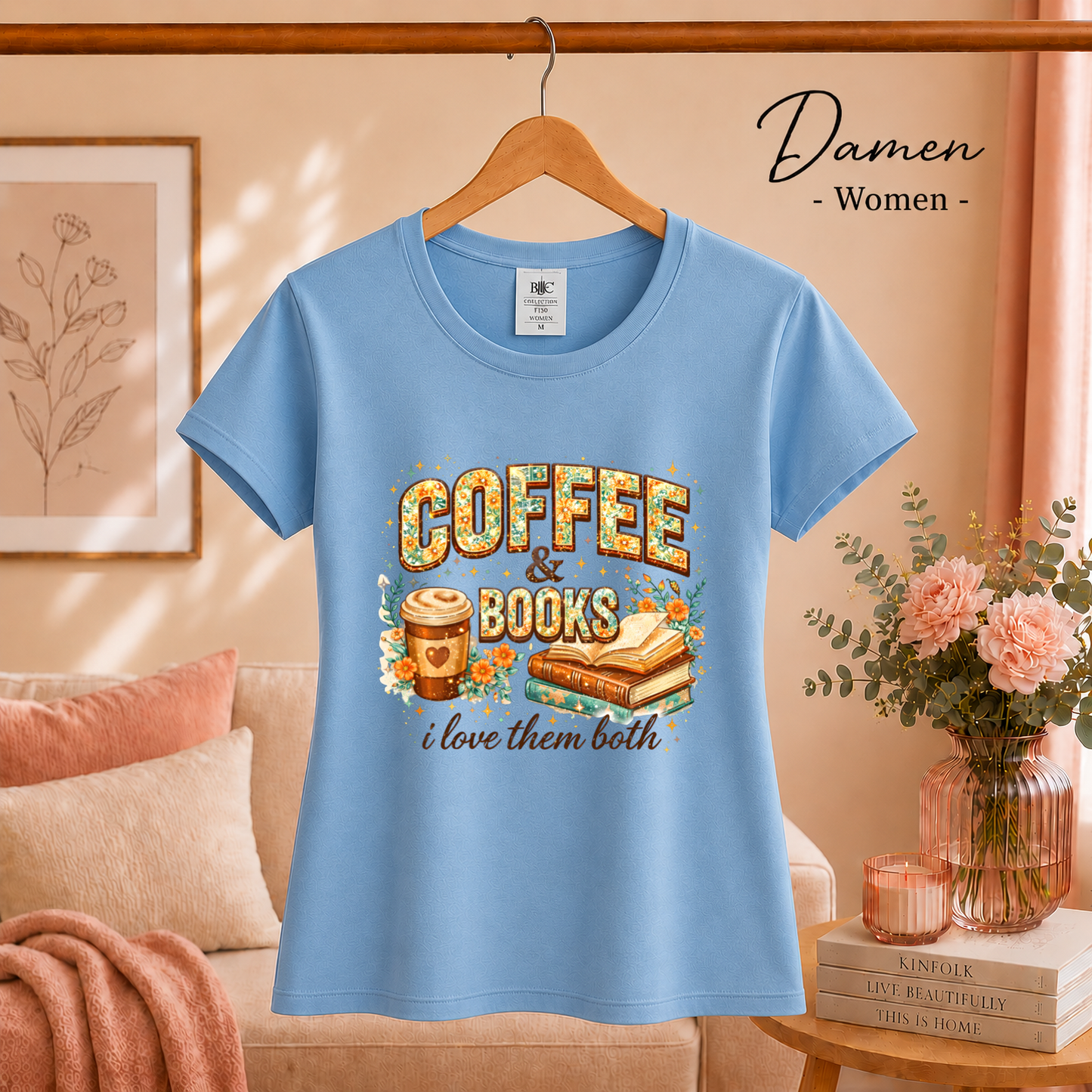 Damen SkyBlau – Coffee & Books T-Shirt – Floraler Print für Leseratten & Kaffeeliebhaber