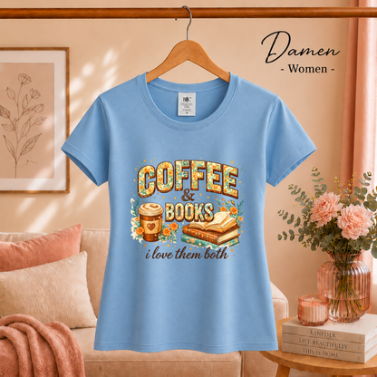 Damen SkyBlau – Coffee & Books T-Shirt – Floraler Print für Leseratten & Kaffeeliebhaber
