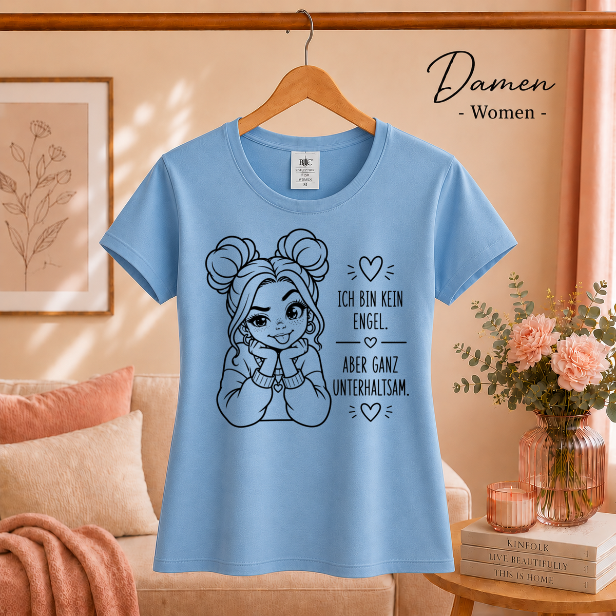 Damen SkyBlau – T-Shirt mit frechem Spruch 'Ich bin kein Engel, aber ganz unterhaltsam' und Comic-Mädchen Design