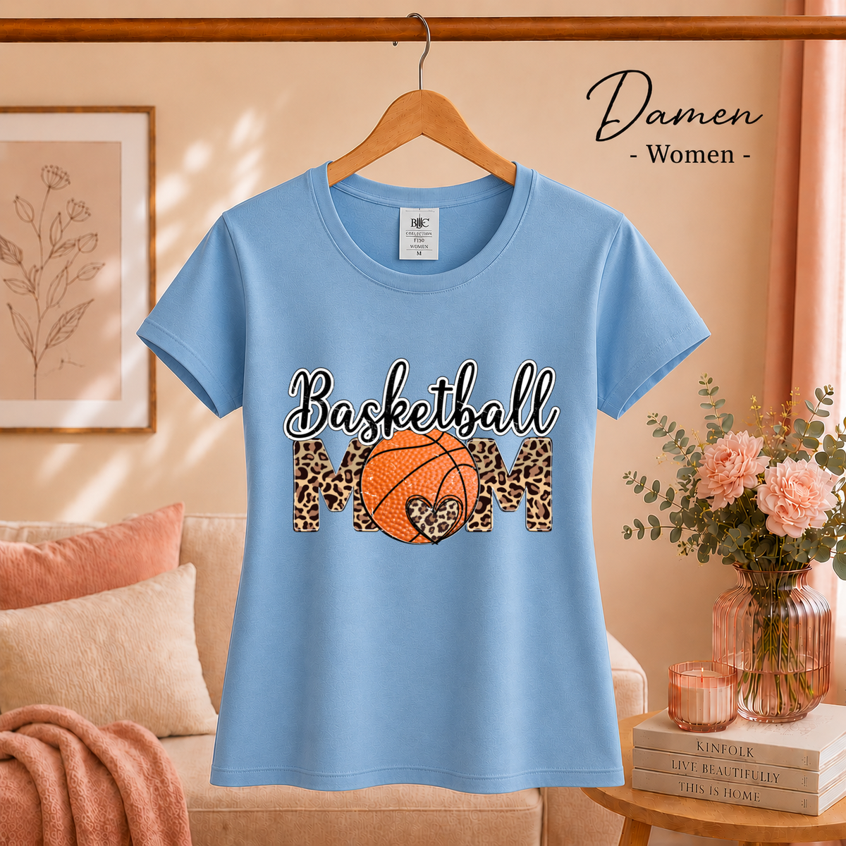 Damen SkyBlau – Basketball Mom T-Shirt | Design mit trendigem Leopardenmuster und Herz-Detail