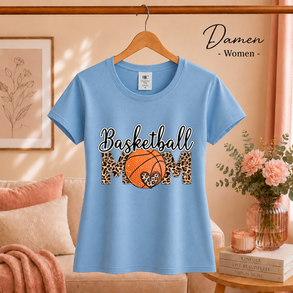 Damen SkyBlau – Basketball Mom T-Shirt | Design mit trendigem Leopardenmuster und Herz-Detail