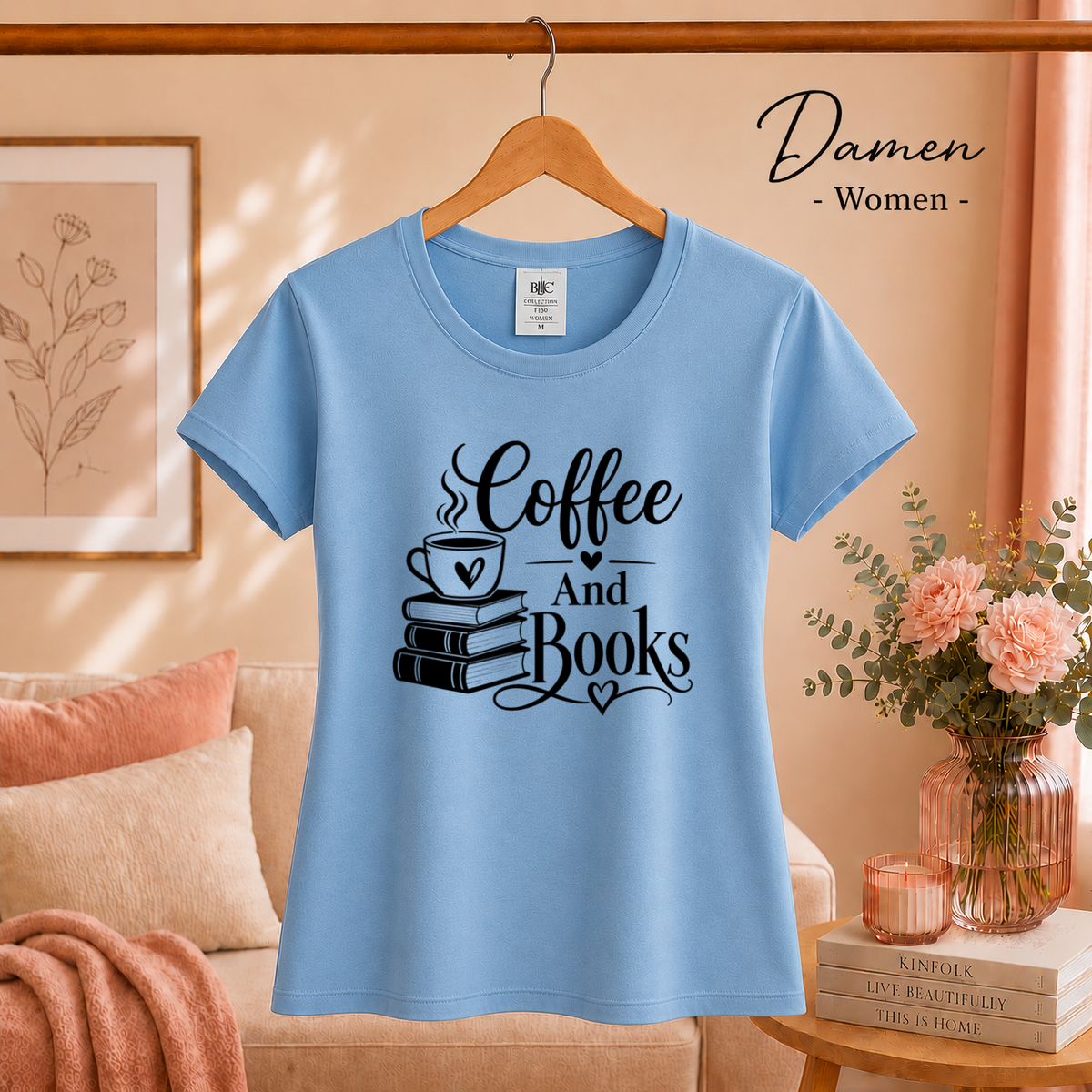 Damen SkyBlau – T-Shirt mit 'Coffee And Books' Spruch | Design für Leseratten und Kaffeeliebhaber