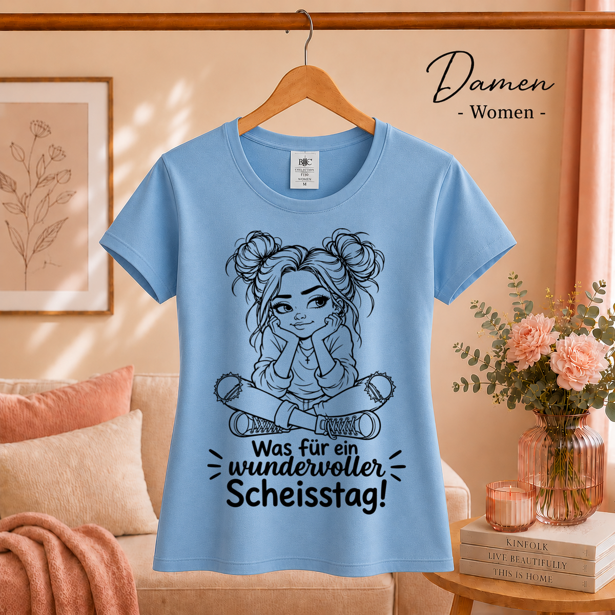 Damen SkyBlau – T-Shirt mit sarkastischem Spruch 'Wundervoller Scheisstag' & rebellischer Cartoon-Figur