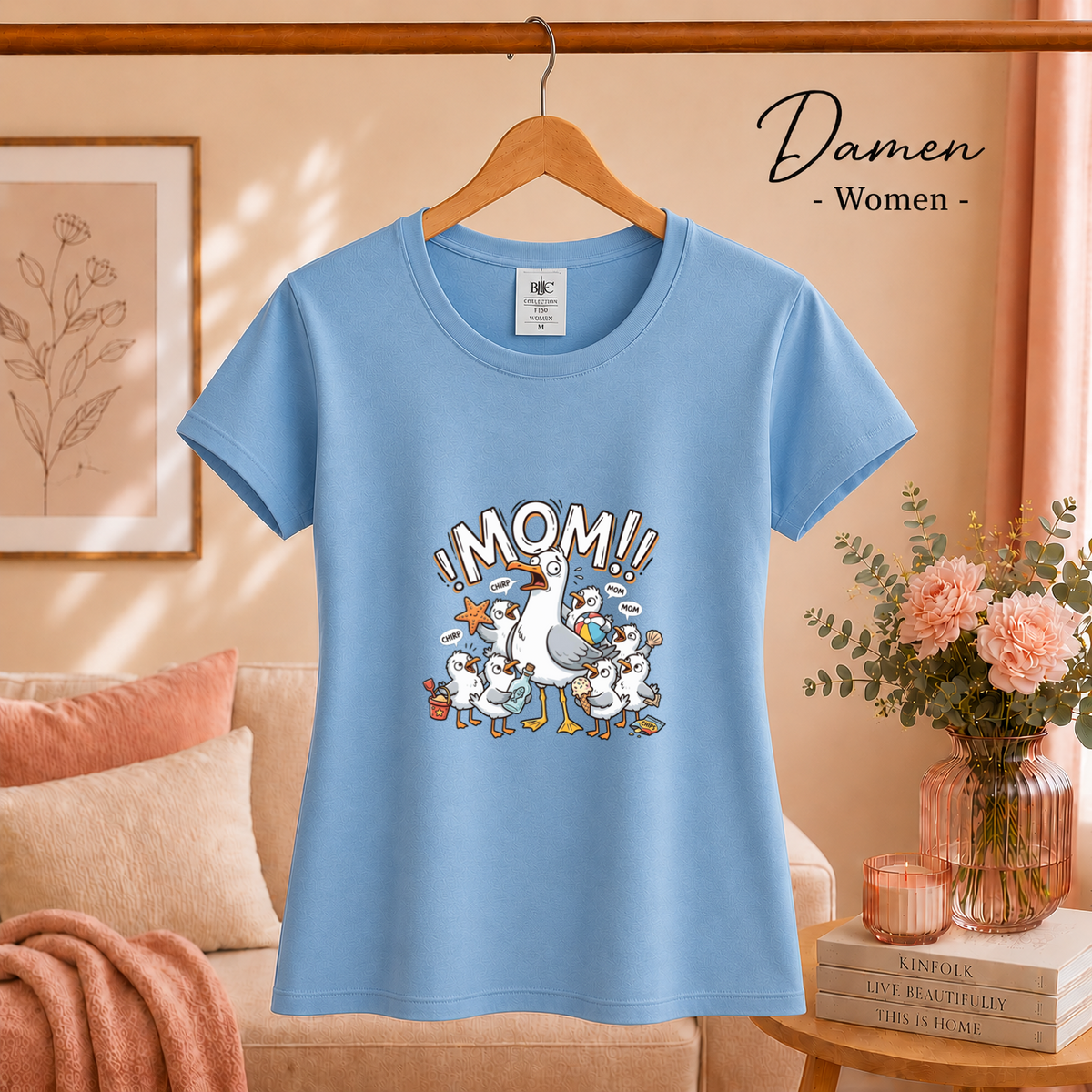 Damen SkyBlau – T-Shirt mit gestresster Möwen-Mama | Witziges Cartoon-Design mit chaotischer Küken-Schar