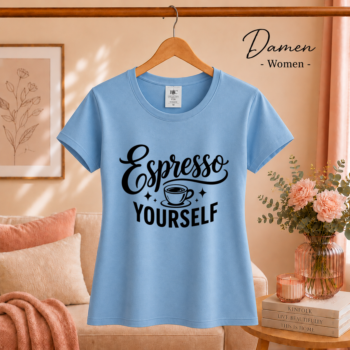 Damen SkyBlau – T-Shirt mit Spruch "Espresso Yourself" | Witziges Wortspiel-Design für Kaffeeliebhaber