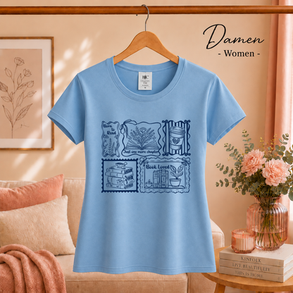 Damen SkyBlau – Lesemotiv T-Shirt: Born to Read, Just One More Chapter & Buchliebe Stempeldesign