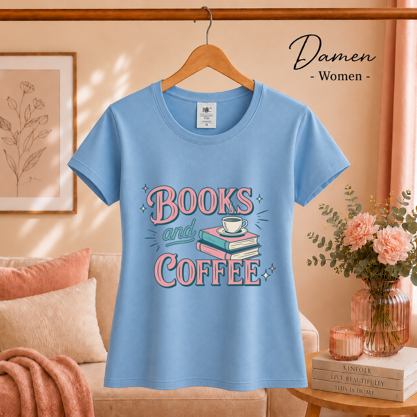 Damen SkyBlau – Books and Coffee T-Shirt | Charmantes Design für Leseratten & Kaffeefans