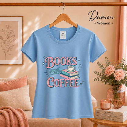 Damen SkyBlau – Books and Coffee T-Shirt | Charmantes Design für Leseratten & Kaffeefans