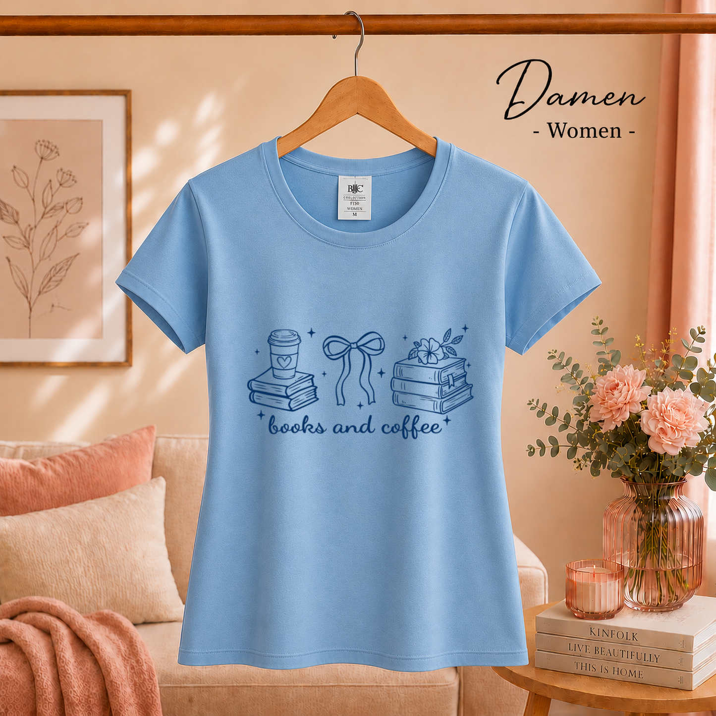 Damen SkyBlau – Bücher & Kaffee Liebhaber Design T-Shirt | Charmantes Motiv für Lesefreunde