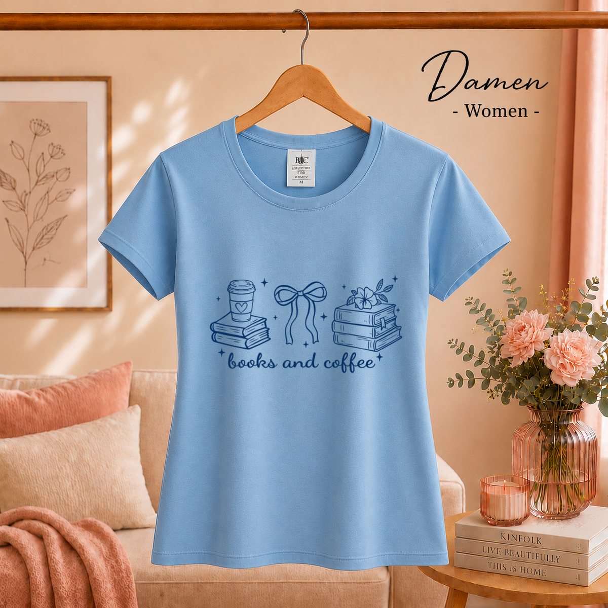 Damen SkyBlau – Bücher & Kaffee Liebhaber Design T-Shirt | Charmantes Motiv für Lesefreunde