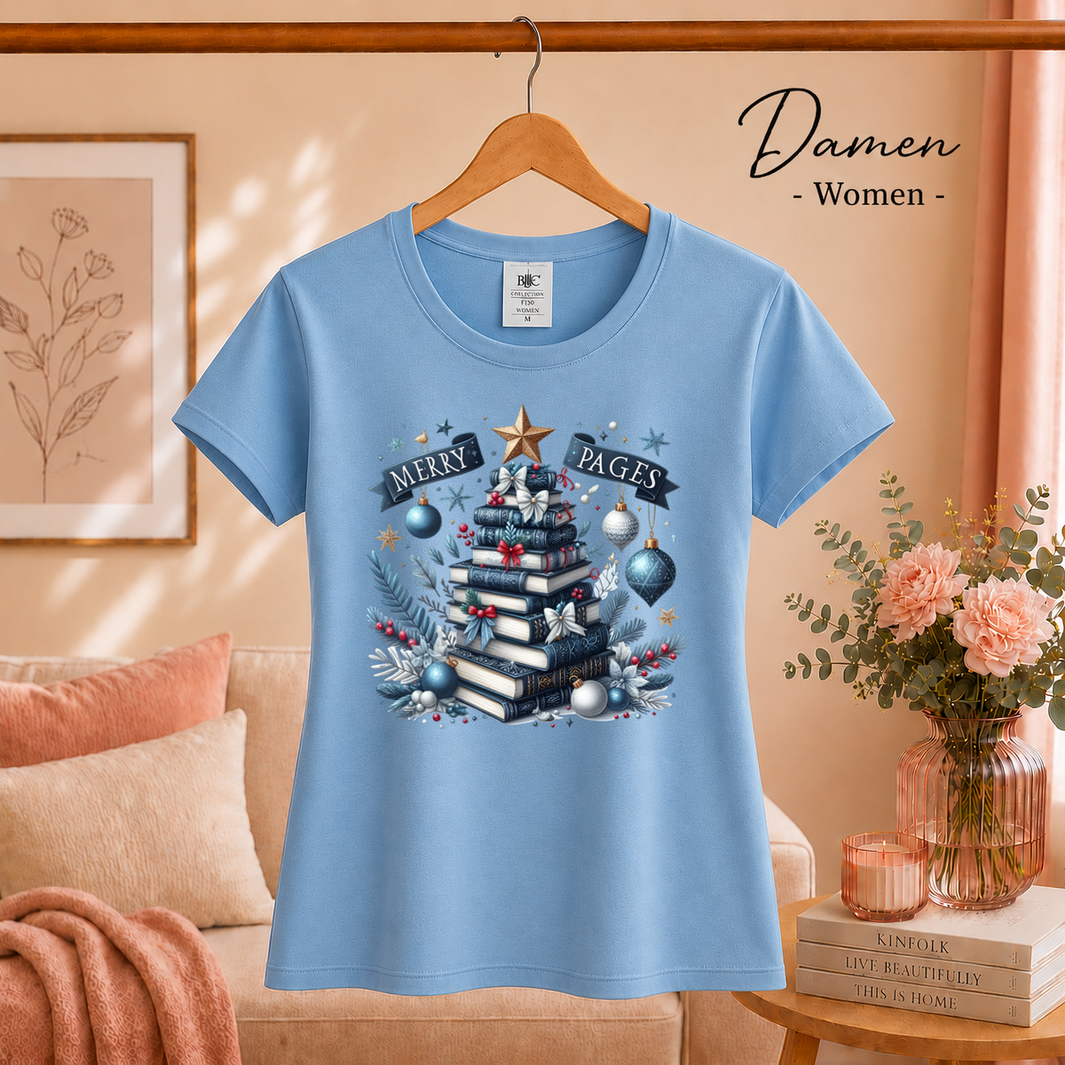 Damen SkyBlau – T-Shirt mit Bücher-Weihnachtsbaum Motiv & Spruch 'Merry Pages' für Leseratten