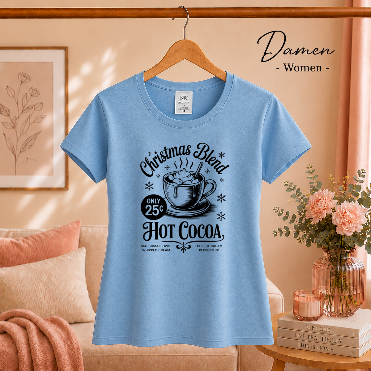 Damen SkyBlau – T-Shirt mit Hot Cocoa Motiv 'Christmas Blend' im nostalgischen Retro-Design
