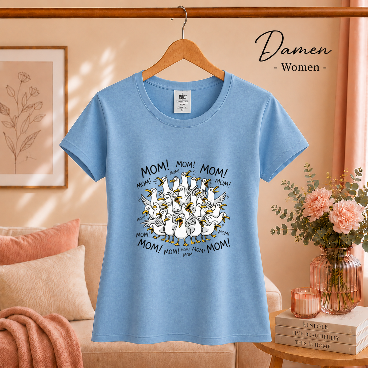 Damen SkyBlau – T-Shirt mit schreienden Möwen 'Mom! Mom! Mom!' - Lustiges Comic-Design