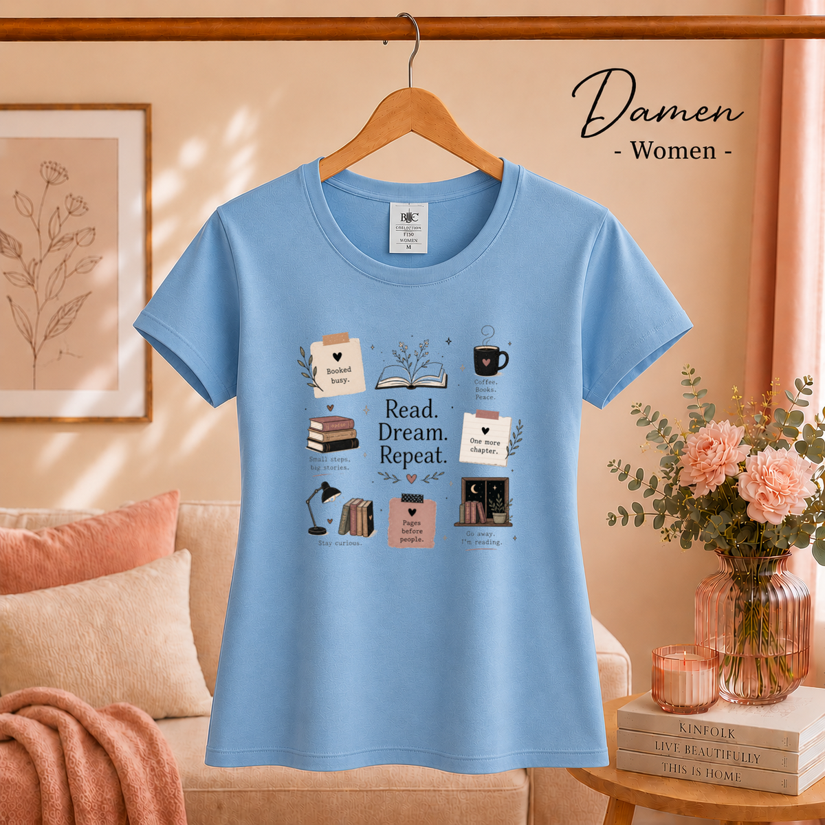 Damen SkyBlau – T-Shirt mit 'Read. Dream. Repeat.' Design – Das perfekte Outfit für gemütliche Lesestunden