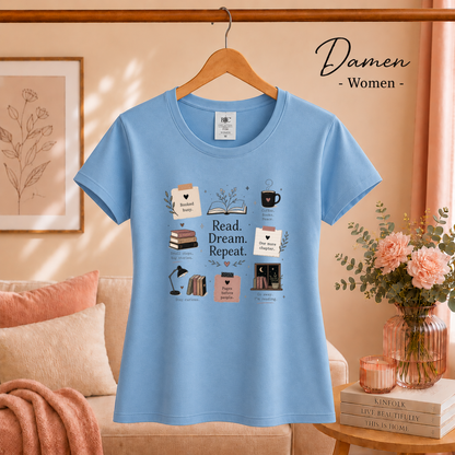 Damen SkyBlau – T-Shirt mit 'Read. Dream. Repeat.' Design – Das perfekte Outfit für gemütliche Lesestunden
