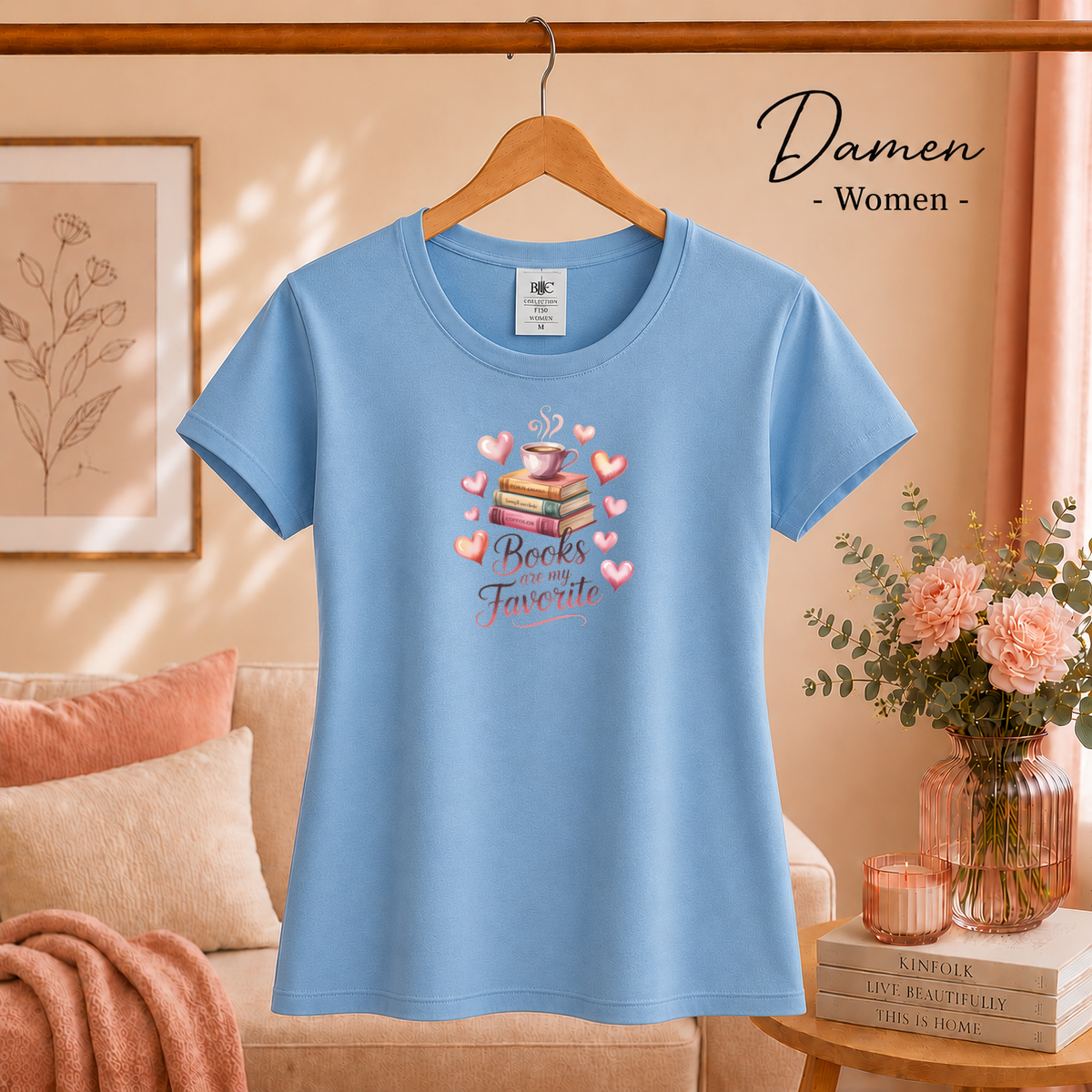 Damen SkyBlau – T-Shirt 'Books are my Favorite' | Romantisches Bücherwurm-Design mit Kaffee & Herzen