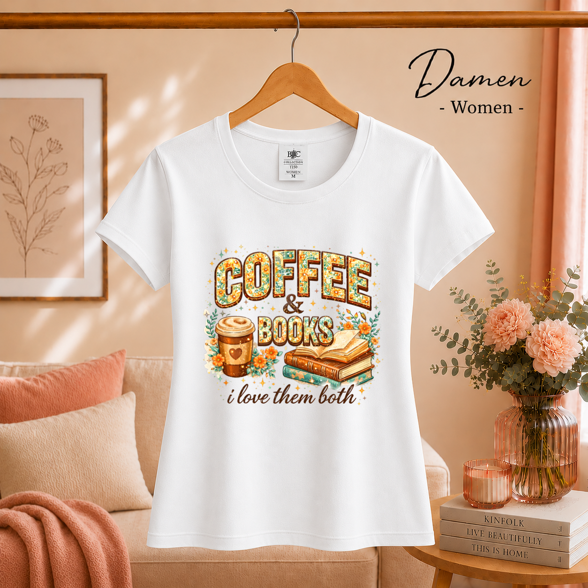 Damen Weiß – Coffee & Books T-Shirt – Floraler Print für Leseratten & Kaffeeliebhaber