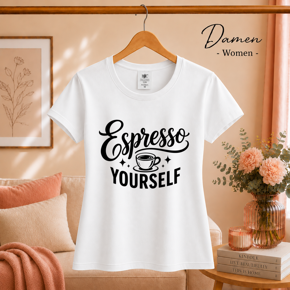 Damen Weiß – T-Shirt mit Spruch "Espresso Yourself" | Witziges Wortspiel-Design für Kaffeeliebhaber