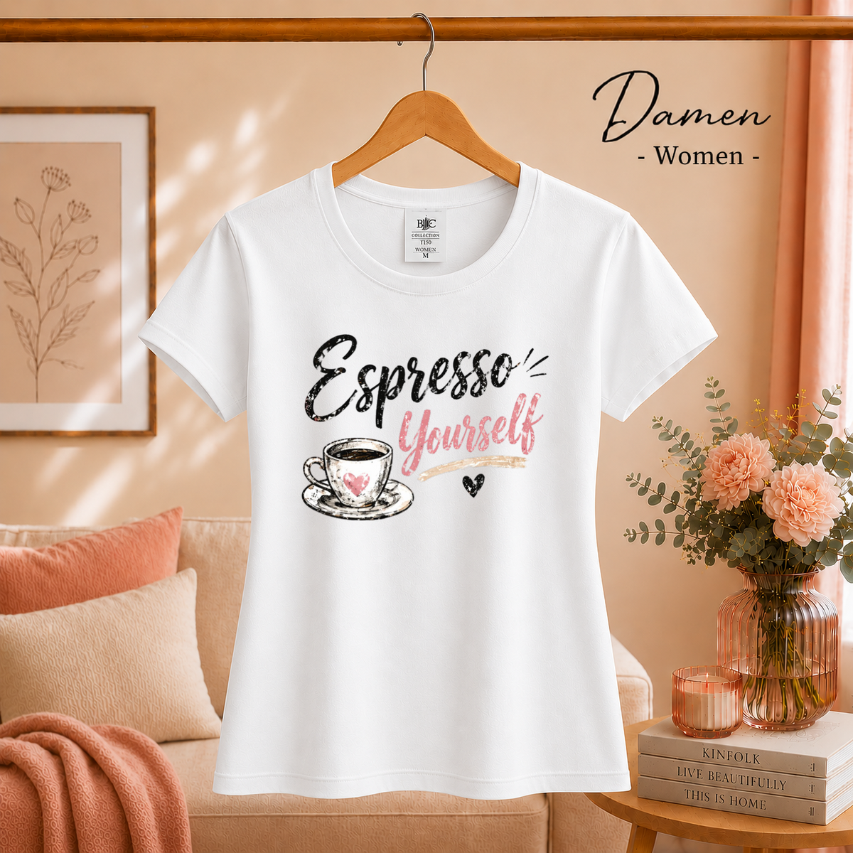 Damen Weiß – T-Shirt mit 'Espresso Yourself' Spruch | Design mit Kaffeetasse und Glitzer-Schrift