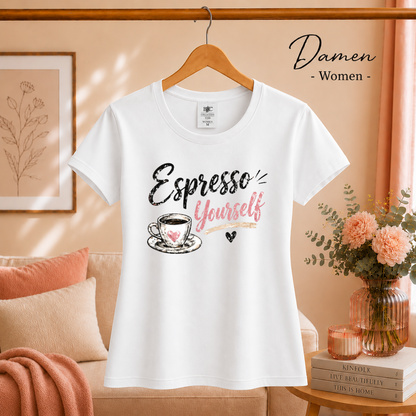 Damen Weiß – T-Shirt mit 'Espresso Yourself' Spruch | Design mit Kaffeetasse und Glitzer-Schrift