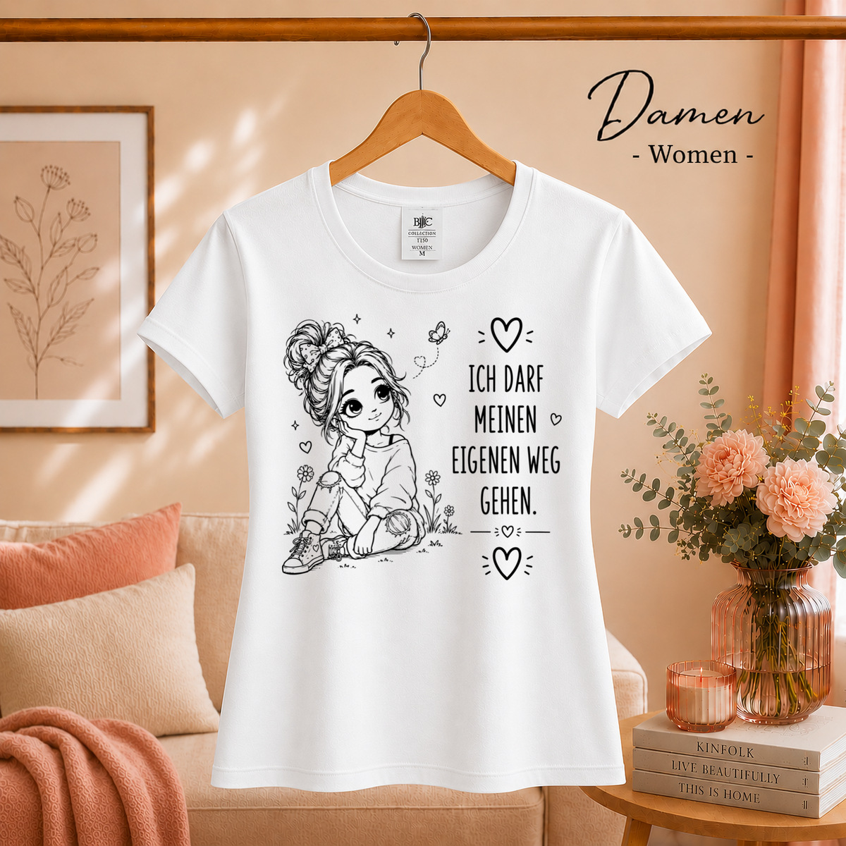 Damen Weiß – T-Shirt mit Statement-Spruch 'Ich darf meinen eigenen Weg gehen' | Süße Mädchen-Illustration