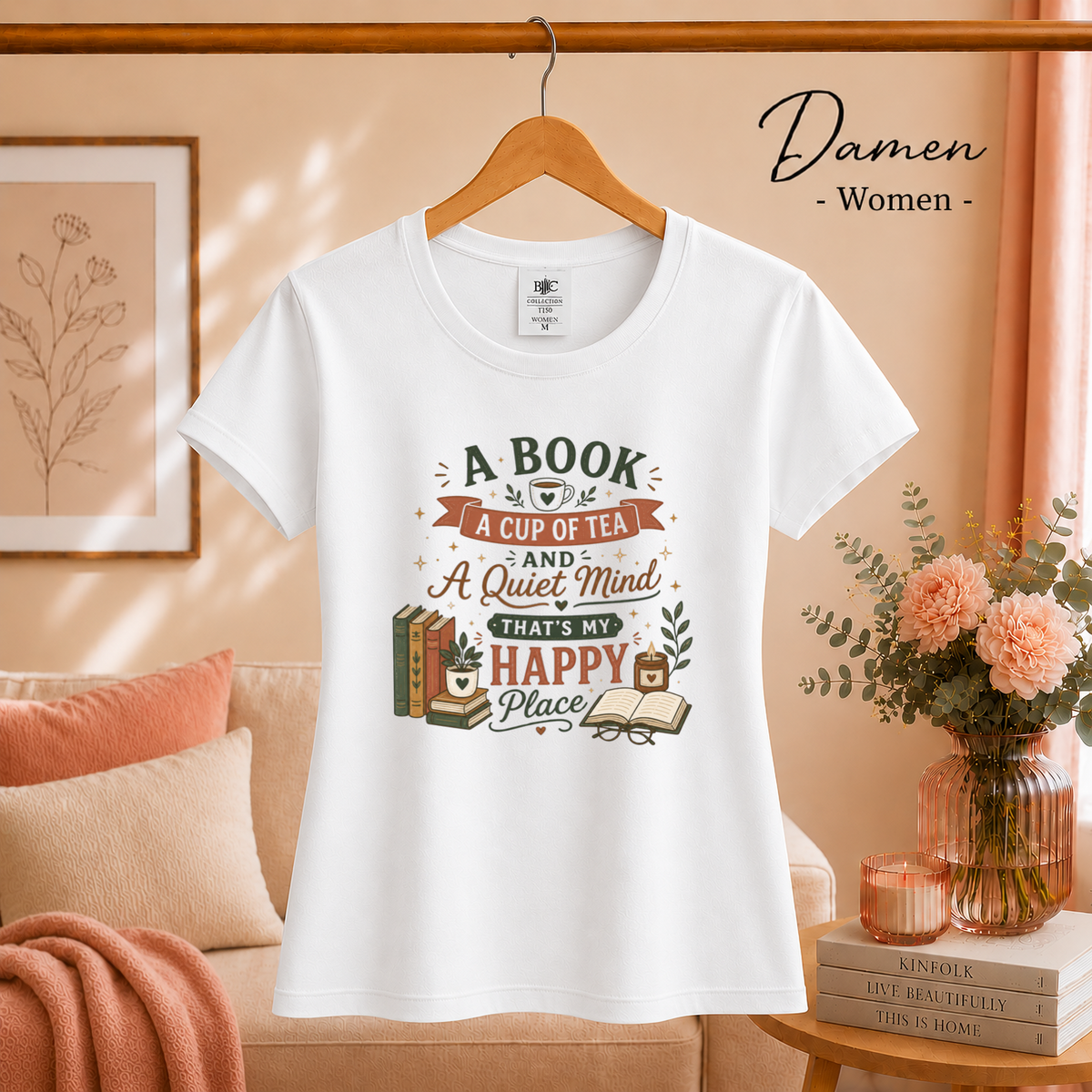 Damen Weiß – T-Shirt 'Happy Place' mit Buch und Tee Motiv – Design für entspannte Lesemomente