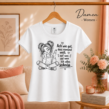Damen Weiß – Statement T-Shirt „Auf was und wen ich alles scheiss…“ mit frecher Comic-Figur