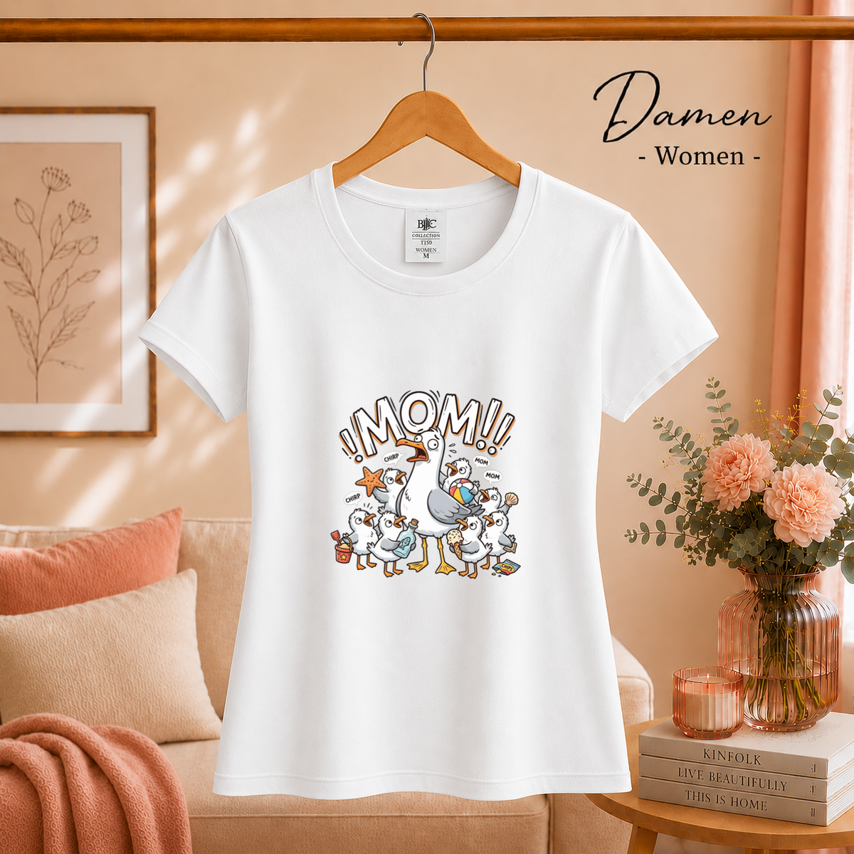 Damen Weiß – T-Shirt mit gestresster Möwen-Mama | Witziges Cartoon-Design mit chaotischer Küken-Schar