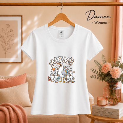Damen Weiß – T-Shirt mit gestresster Möwen-Mama | Witziges Cartoon-Design mit chaotischer Küken-Schar