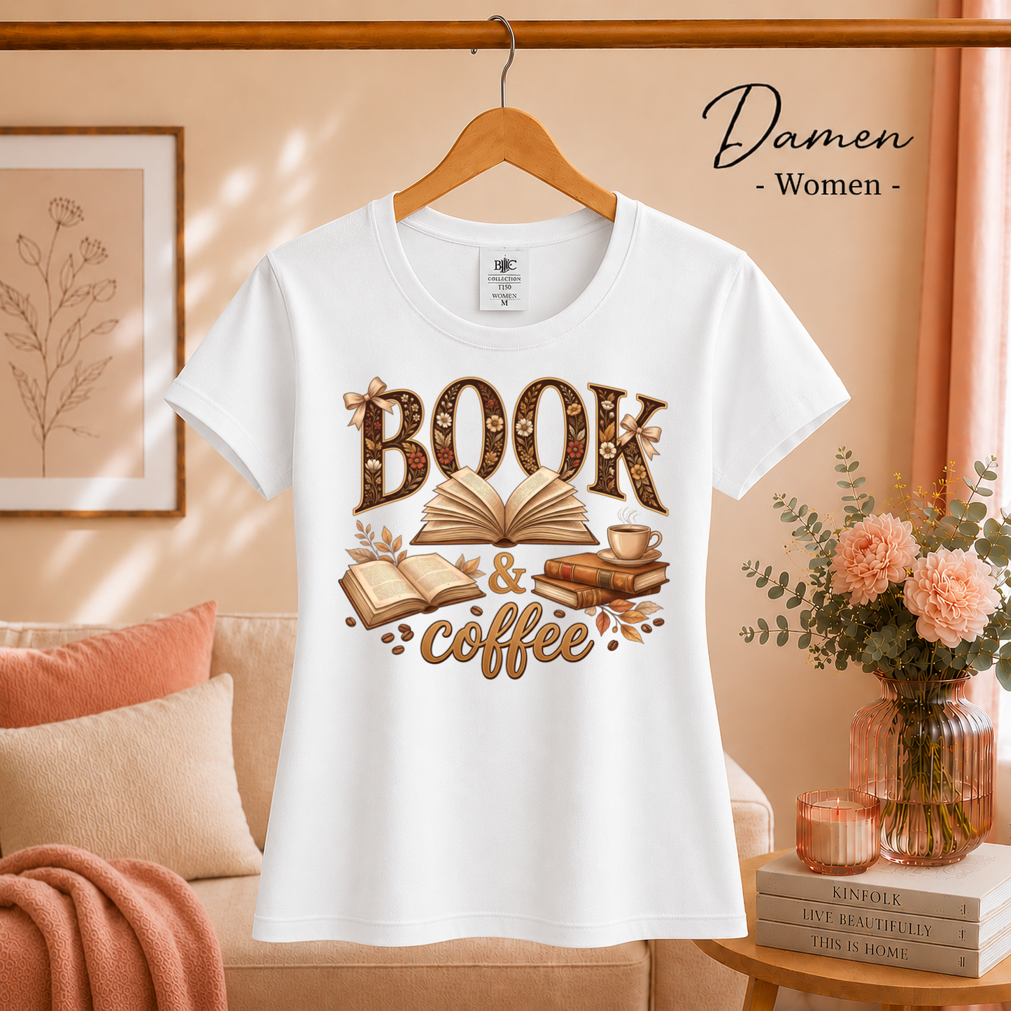 Damen Weiß – Blumiges BOOK & coffee Motiv Shirt – Dein Statement für Bücherliebe & Kaffeemomente