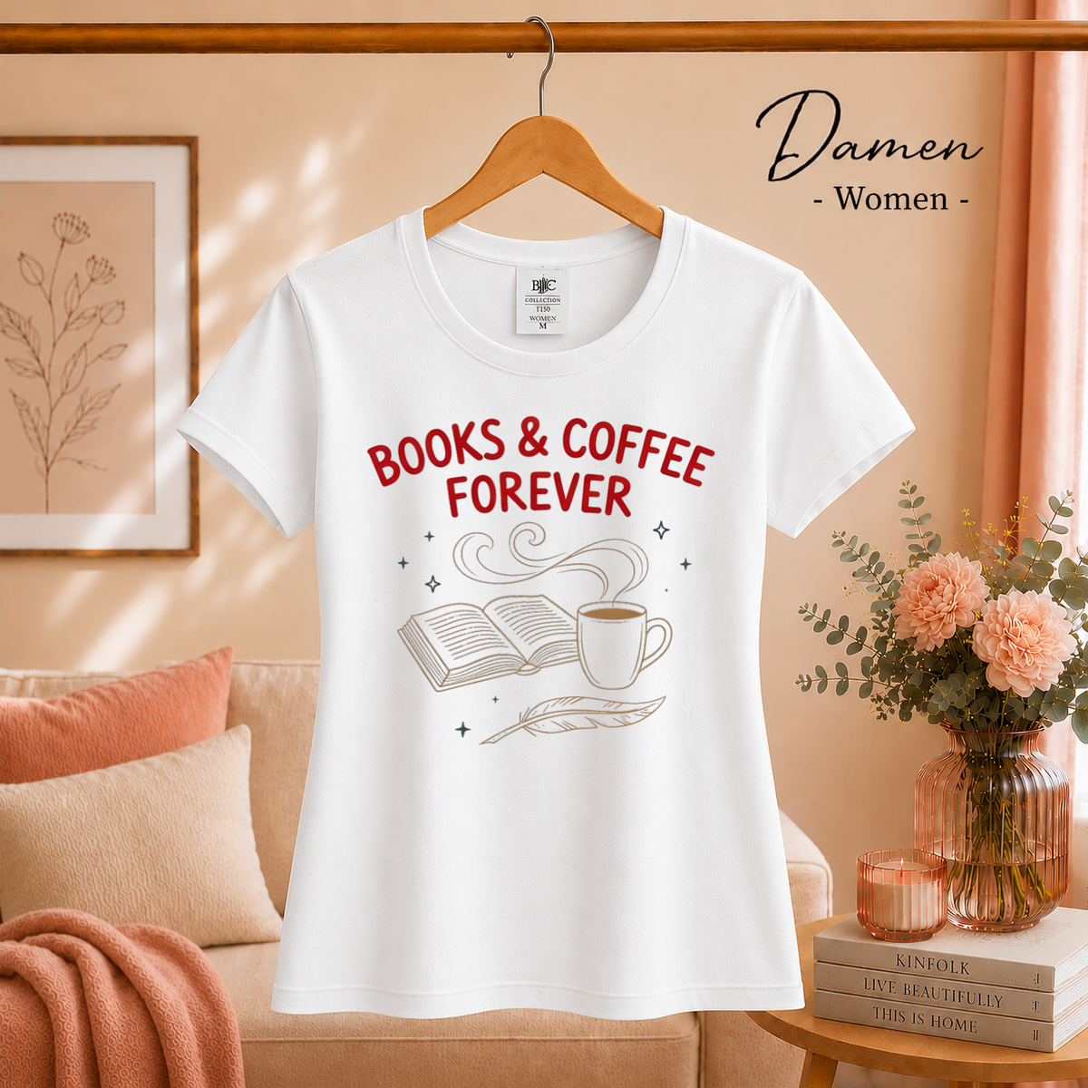 Damen Weiß – T-Shirt mit "Books & Coffee Forever" Design | Illustration für Leseratten & Kaffeeliebhaber