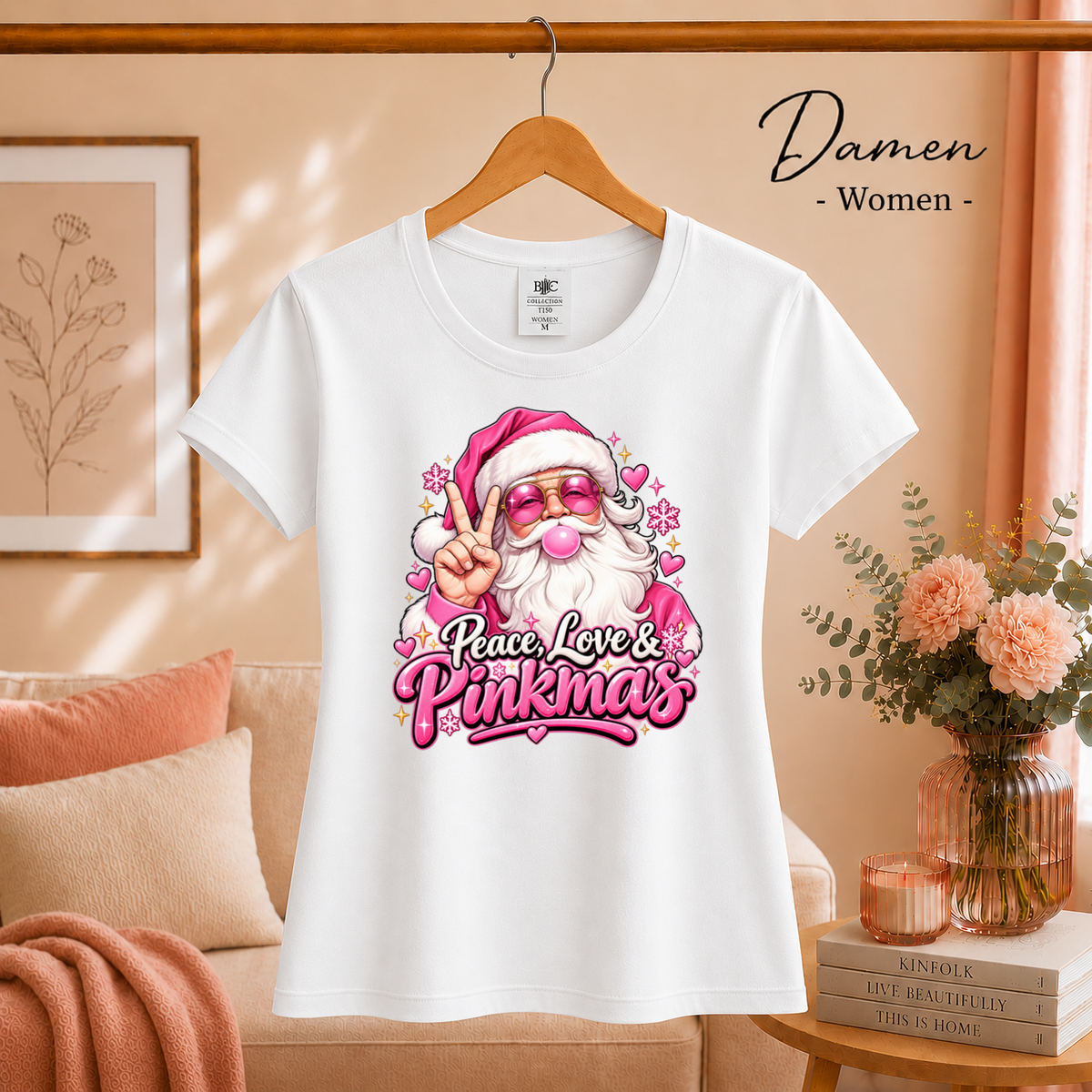 Damen Weiß – Pinkmas T-Shirt: Cooler Weihnachtsmann mit Peace-Zeichen & rosa Sonnenbrille