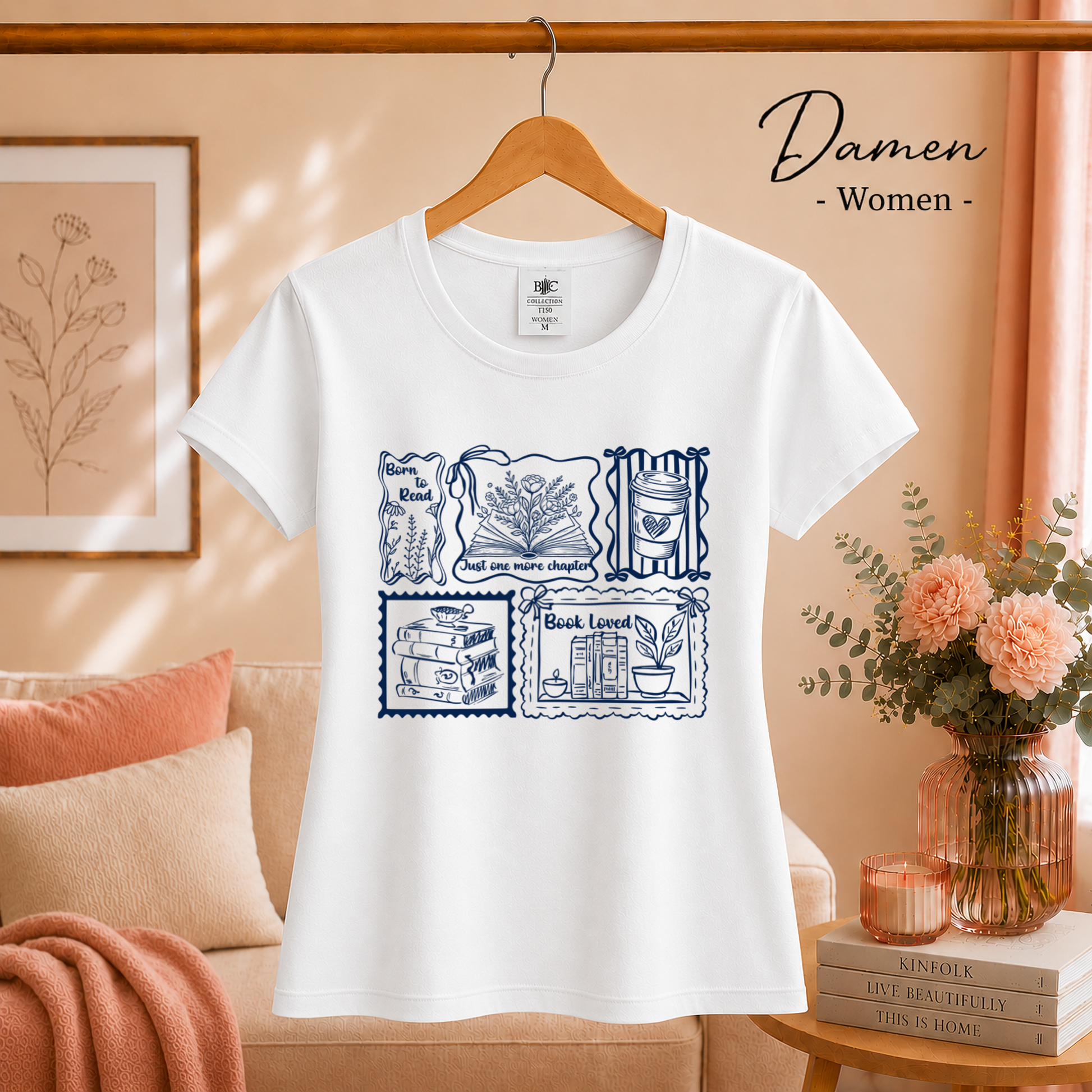 Damen Weiß – Lesemotiv T-Shirt: Born to Read, Just One More Chapter & Buchliebe Stempeldesign