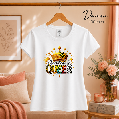Damen Weiß – T-Shirt mit 'Birthday Queen' Schriftzug, goldener Krone und buntem Animal-Print Design