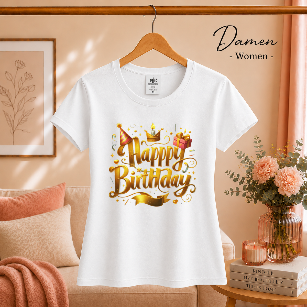 Damen Weiß – T-Shirt mit festlichem 'Happy Birthday' Schriftzug in edlem Gold-Design