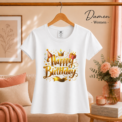 Damen Weiß – T-Shirt mit festlichem 'Happy Birthday' Schriftzug in edlem Gold-Design
