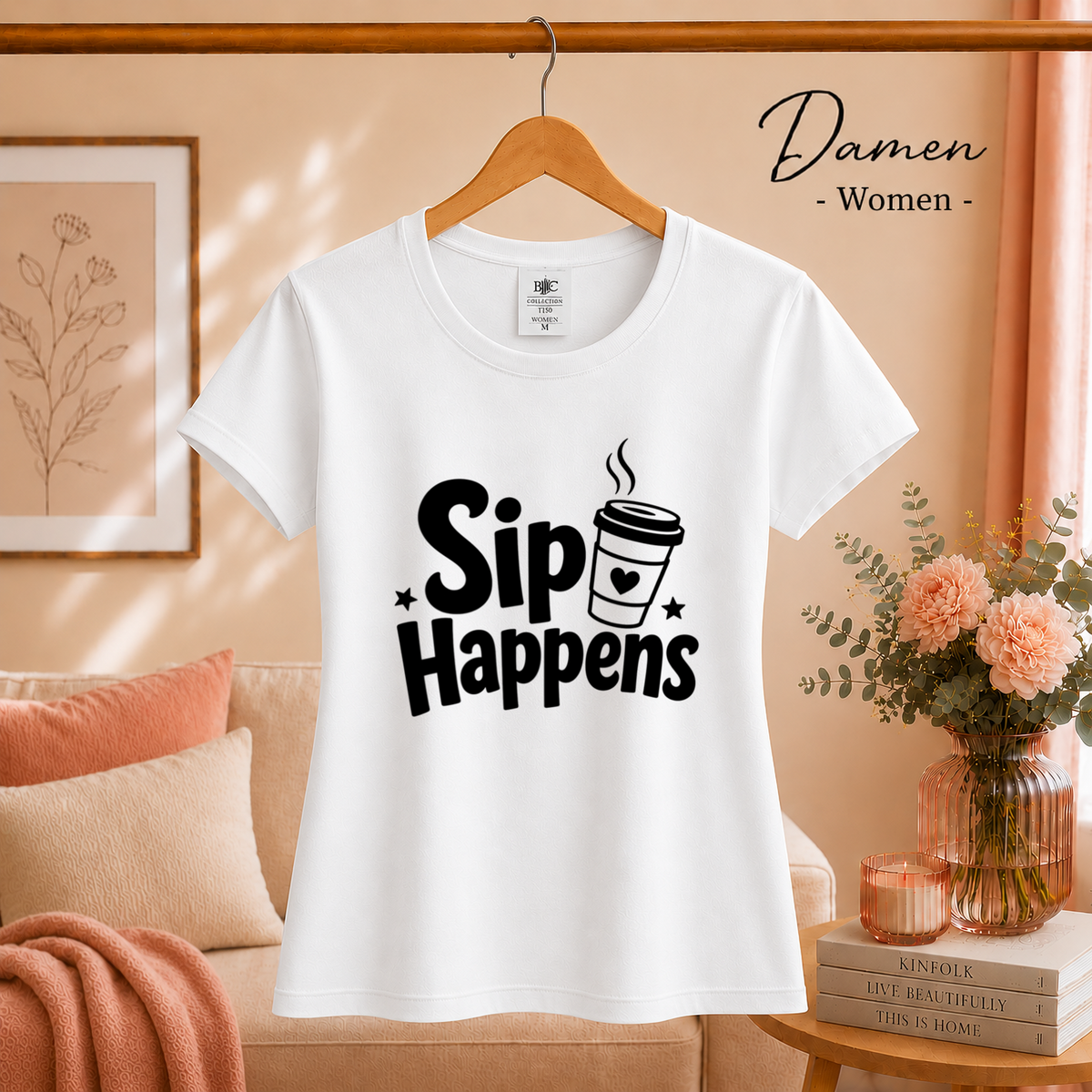 Damen Weiß – T-Shirt "Sip Happens" – Design mit lustigem Kaffee-Wortspiel und To-Go-Becher-Grafik