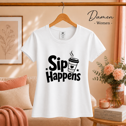 Damen Weiß – T-Shirt "Sip Happens" – Design mit lustigem Kaffee-Wortspiel und To-Go-Becher-Grafik