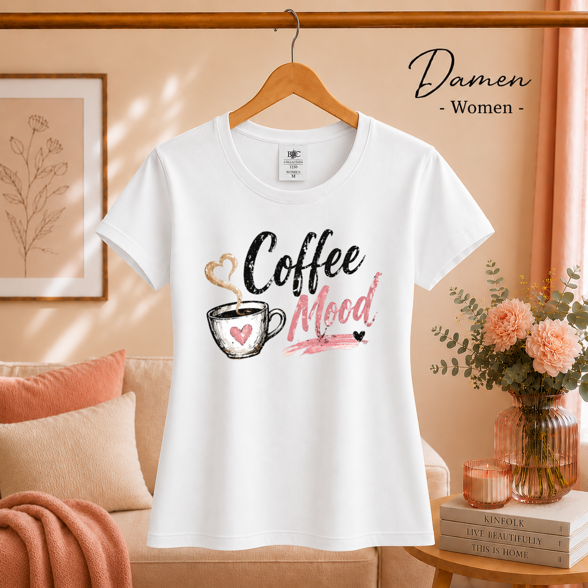 Damen Weiß – T-Shirt mit "Coffee Mood" Schriftzug und Kaffeetasse im Aquarell-Stil