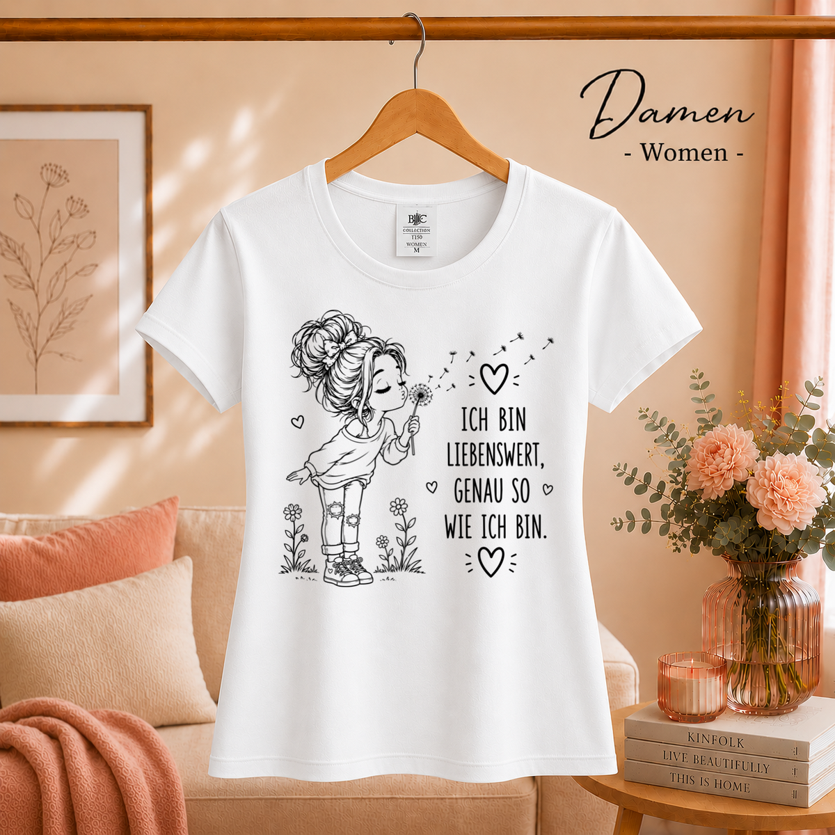 Damen Weiß – T-Shirt mit Pusteblumen-Mädchen und dem Spruch „Ich bin liebenswert, genau so wie ich bin“