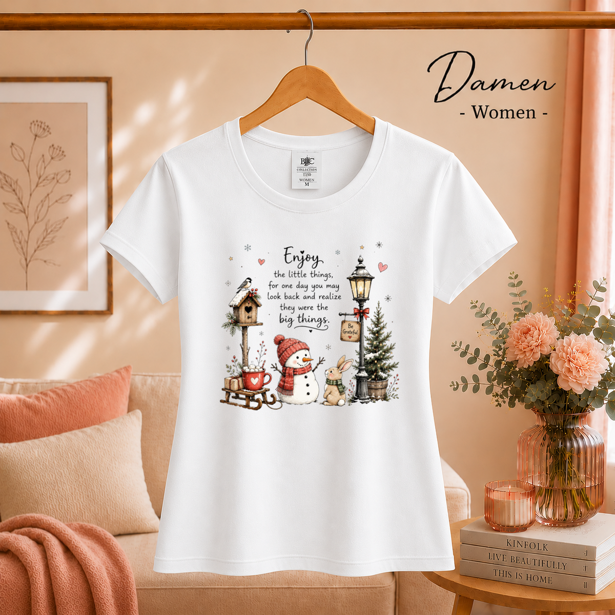 Damen Weiß – T-Shirt 'Enjoy the little things' mit Aquarell-Schneemann und Winter-Szene