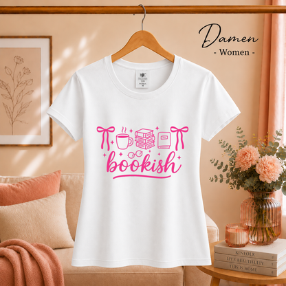 Damen Weiß – Bookish Vibes T-Shirt: Bücherliebe & Kaffee Motiv in Pink