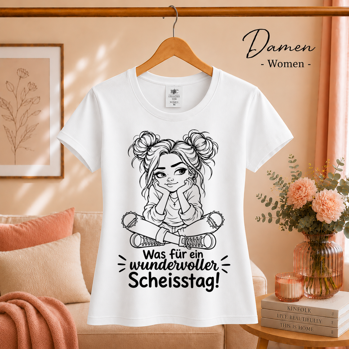 Damen Weiß – T-Shirt mit sarkastischem Spruch 'Wundervoller Scheisstag' & rebellischer Cartoon-Figur