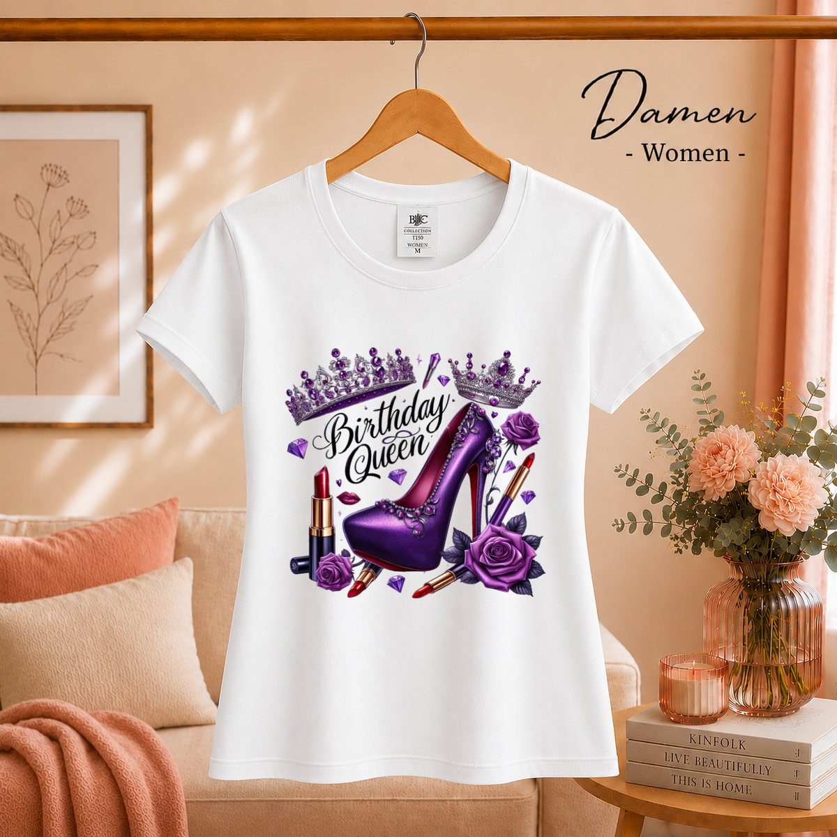 Damen Weiß – Birthday Queen T-Shirt: Glamour-Design mit lila High Heel, Krone und Rosen