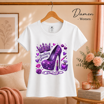Damen Weiß – T-Shirt mit glamourösem 'Birthday Queen' High Heel & Krone in Lila Glitzer